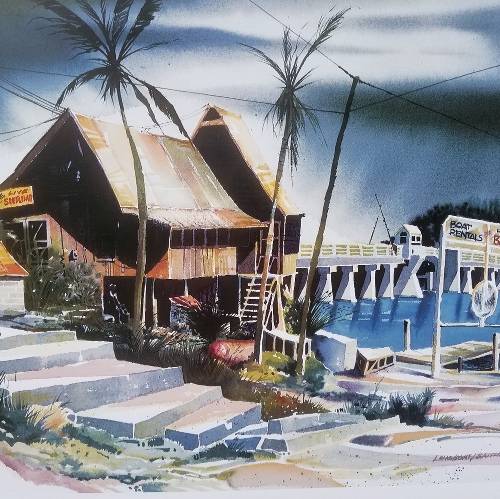 Watercolor print(28"x20"):Longboat Key:Baithouse